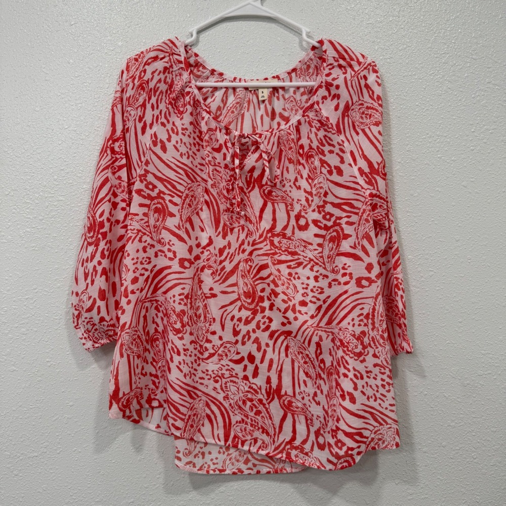 Como Blu Women's Small Red Paisley Zebra Print Tie Neck Blouse Top